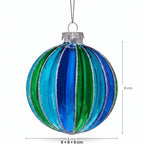 Christabelle 6 Blue Green Glass Christmas Baubles Striped 8cm Xmas Tree Decorations Hanging Ornaments Gift Boxed Set