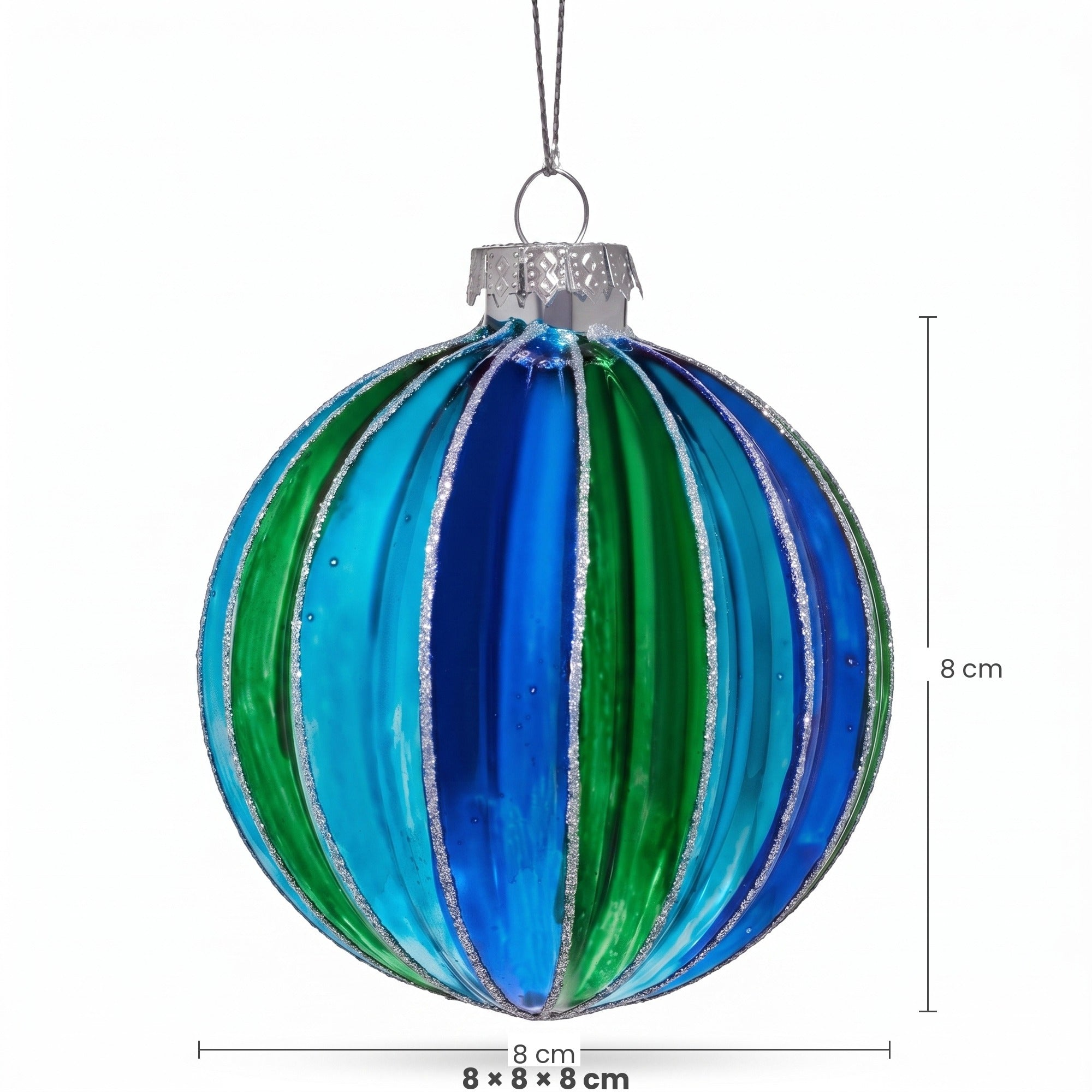 Christabelle 6 Blue Green Glass Christmas Baubles Striped 8cm Xmas Tree Decorations Hanging Ornaments Gift Boxed Set