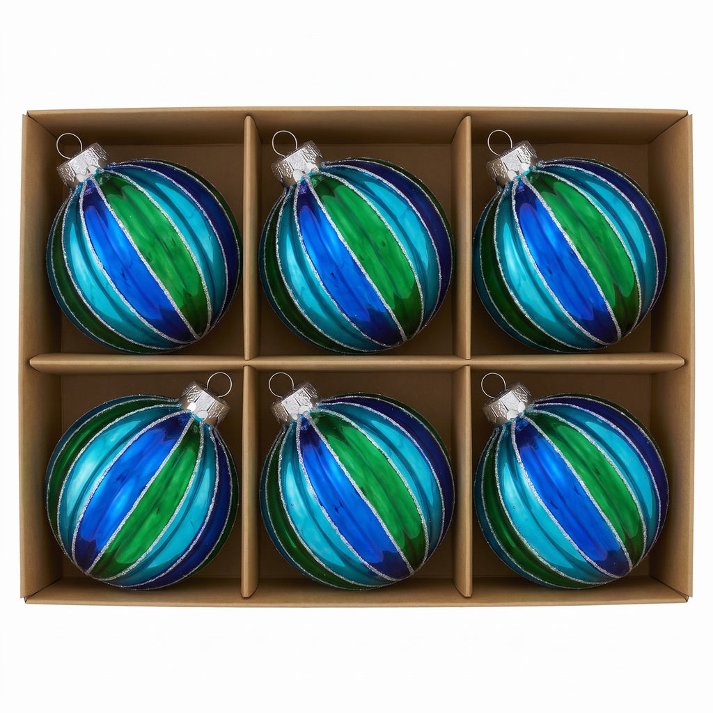 Christabelle 6 Blue Green Glass Christmas Baubles Striped 8cm Xmas Tree Decorations Hanging Ornaments Gift Boxed Set