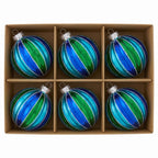 Christabelle 6 Blue Green Glass Christmas Baubles Striped 8cm Xmas Tree Decorations Hanging Ornaments Gift Boxed Set