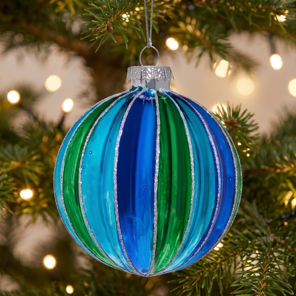Christabelle 6 Blue Green Glass Christmas Baubles Striped 8cm Xmas Tree Decorations Hanging Ornaments Gift Boxed Set