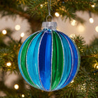 Christabelle 6 Blue Green Glass Christmas Baubles Striped 8cm Xmas Tree Decorations Hanging Ornaments Gift Boxed Set