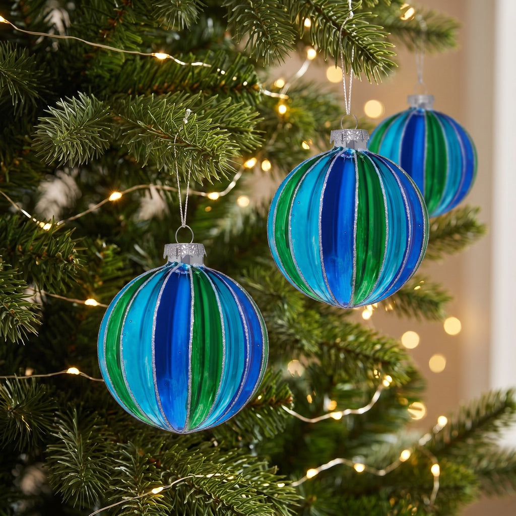 Christabelle 6 Blue Green Glass Christmas Baubles Striped 8cm Xmas Tree Decorations Hanging Ornaments Gift Boxed Set