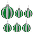 Christabelle 6 Green White Glass Christmas Baubles Striped 8cm Xmas Tree Decorations Hanging Ornaments Gift Boxed Set