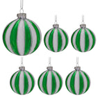 Christabelle 6 Green White Glass Christmas Baubles Striped 8cm Xmas Tree Decorations Hanging Ornaments Gift Boxed Set