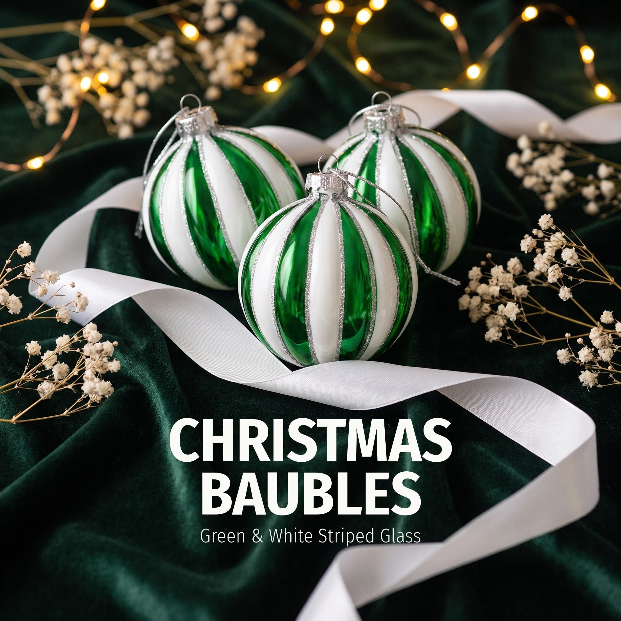 Christabelle 6 Green White Glass Christmas Baubles Striped 8cm Xmas Tree Decorations Hanging Ornaments Gift Boxed Set