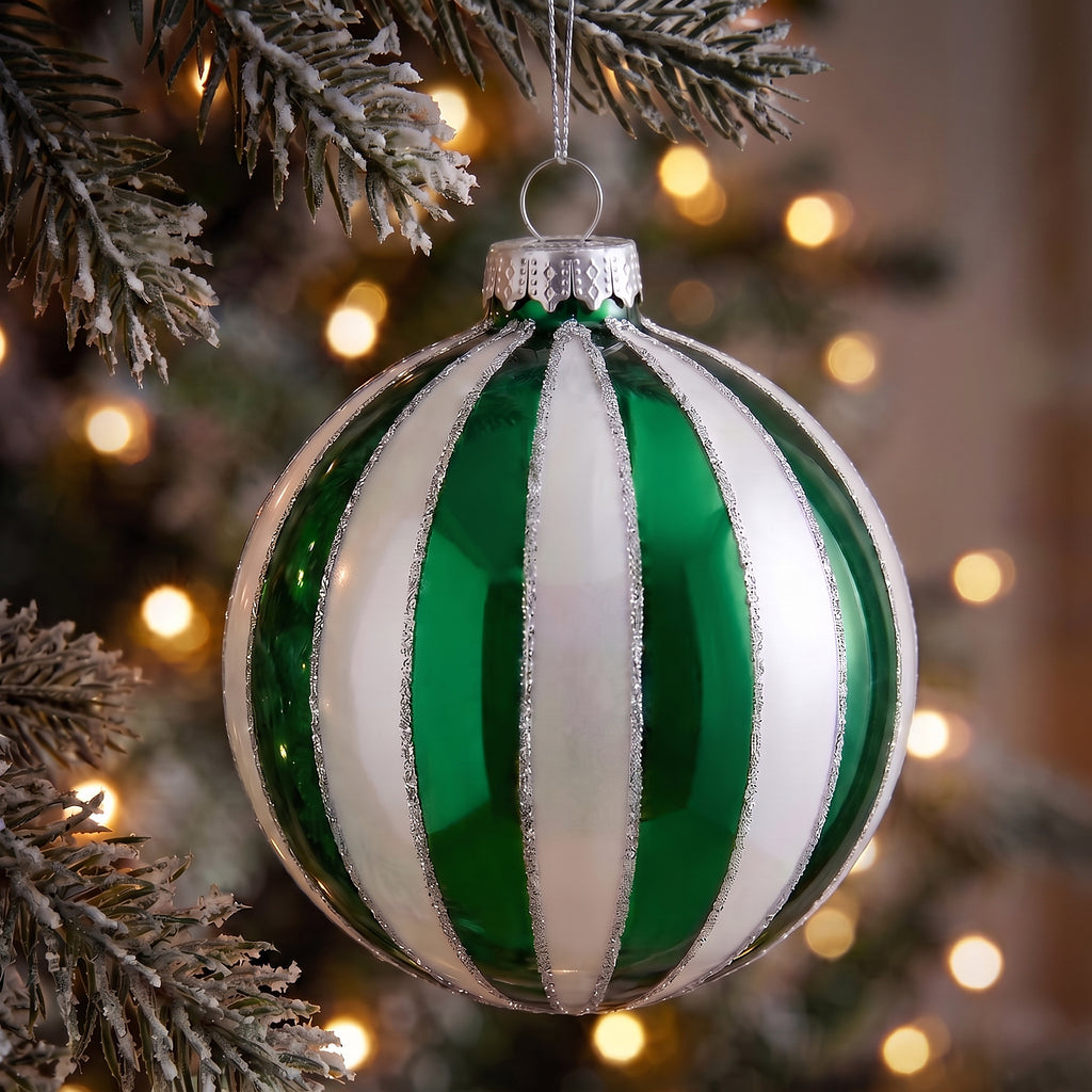 Christabelle 6 Green White Glass Christmas Baubles Striped 8cm Xmas Tree Decorations Hanging Ornaments Gift Boxed Set