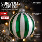 Christabelle 6 Green White Glass Christmas Baubles Striped 8cm Xmas Tree Decorations Hanging Ornaments Gift Boxed Set