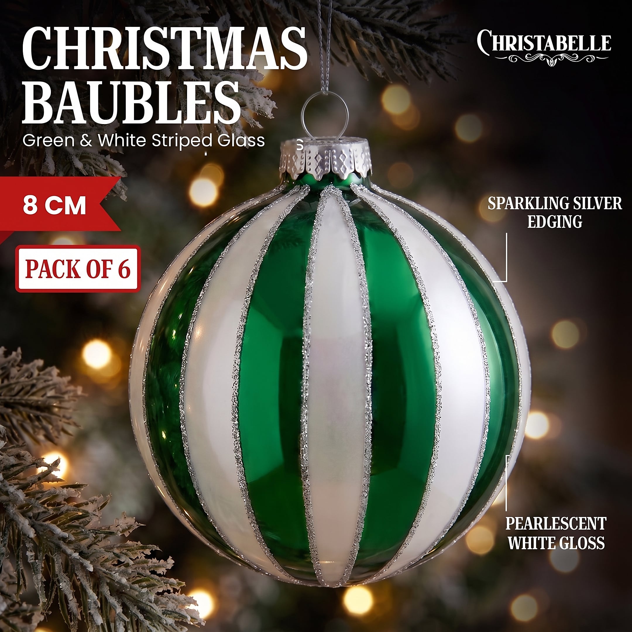 Christabelle 6 Green White Glass Christmas Baubles Striped 8cm Xmas Tree Decorations Hanging Ornaments Gift Boxed Set