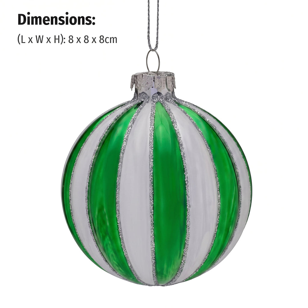 Christabelle 6 Green White Glass Christmas Baubles Striped 8cm Xmas Tree Decorations Hanging Ornaments Gift Boxed Set