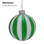 Christabelle 6 Green White Glass Christmas Baubles Striped 8cm Xmas Tree Decorations Hanging Ornaments Gift Boxed Set