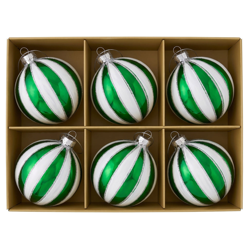 Christabelle 6 Green White Glass Christmas Baubles Striped 8cm Xmas Tree Decorations Hanging Ornaments Gift Boxed Set