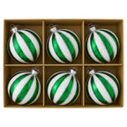 Christabelle 6 Green White Glass Christmas Baubles Striped 8cm Xmas Tree Decorations Hanging Ornaments Gift Boxed Set