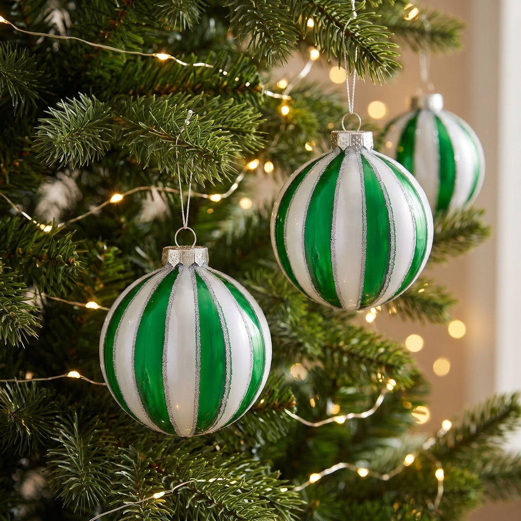 Christabelle 6 Green White Glass Christmas Baubles Striped 8cm Xmas Tree Decorations Hanging Ornaments Gift Boxed Set