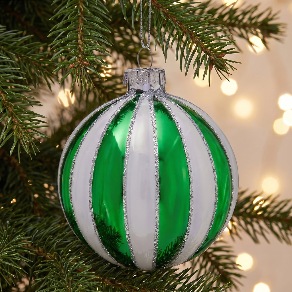 Christabelle 6 Green White Glass Christmas Baubles Striped 8cm Xmas Tree Decorations Hanging Ornaments Gift Boxed Set