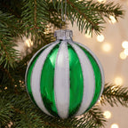 Christabelle 6 Green White Glass Christmas Baubles Striped 8cm Xmas Tree Decorations Hanging Ornaments Gift Boxed Set
