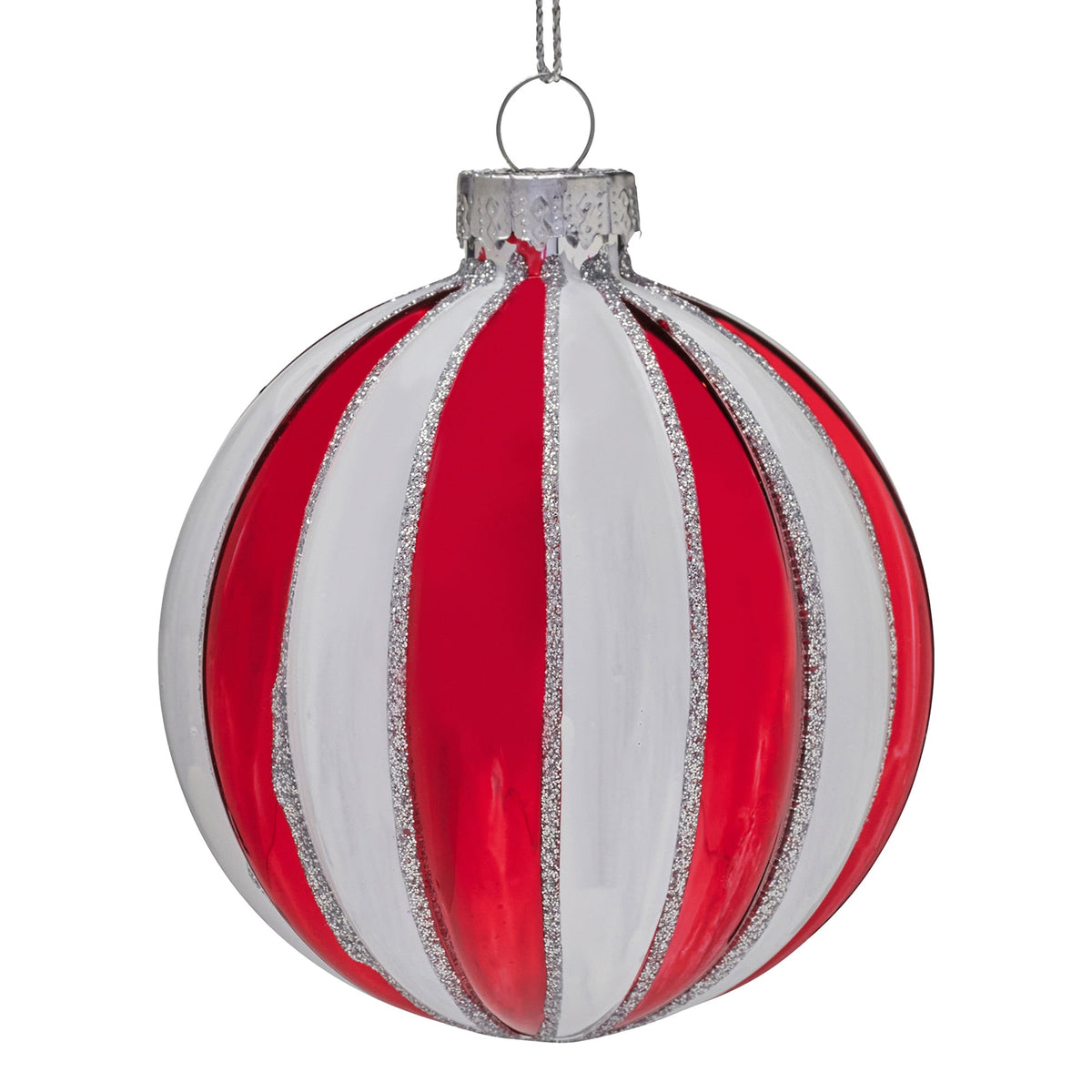 Christabelle Box of 6 Red & White Glass Baubles with Stripe Pattern