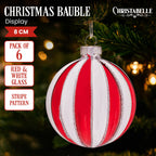 Christabelle Box of 6 Red & White Glass Baubles with Stripe Pattern