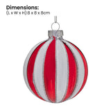 Christabelle Box of 6 Red & White Glass Baubles with Stripe Pattern