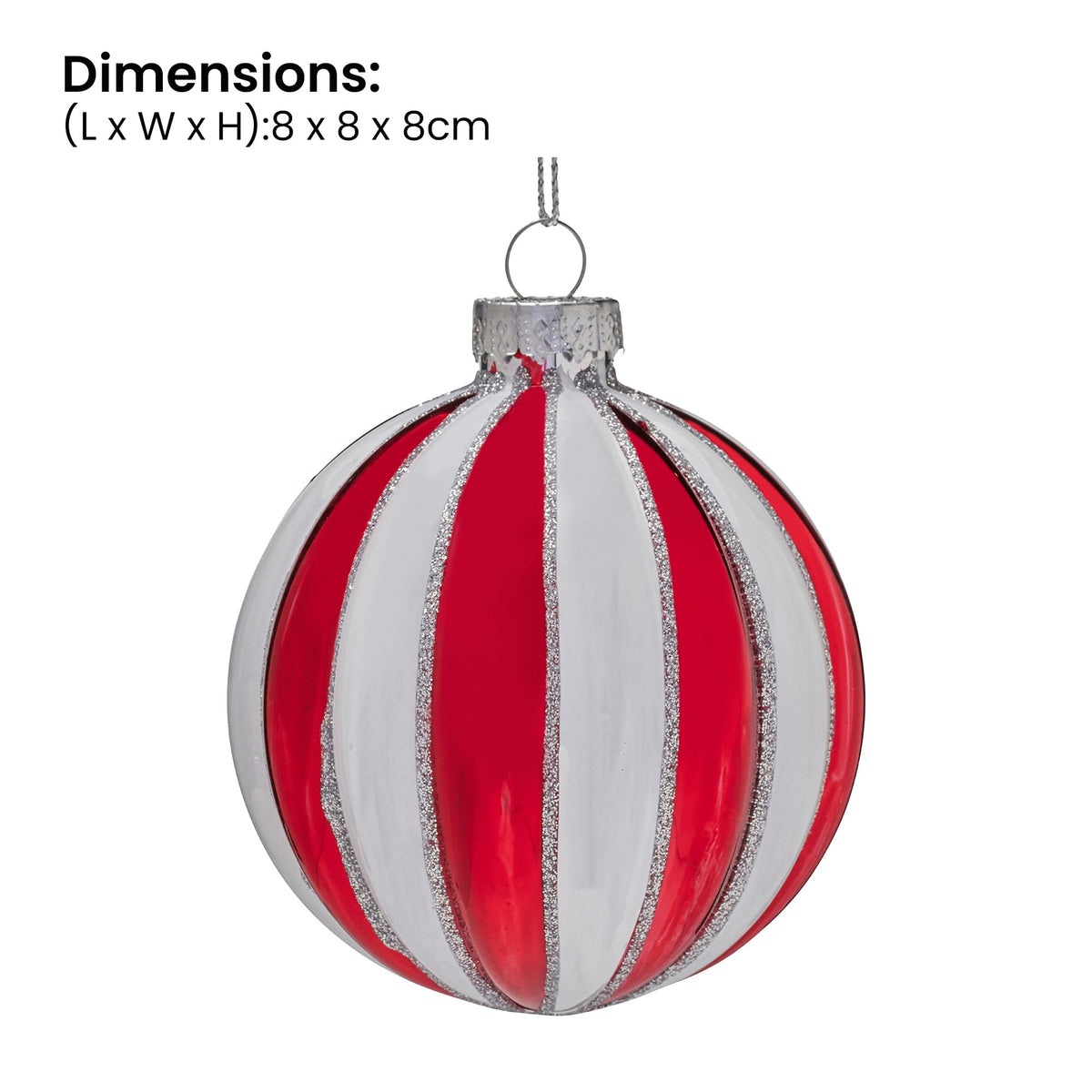 Christabelle Box of 6 Red & White Glass Baubles with Stripe Pattern