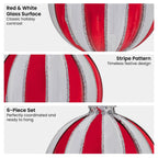 Christabelle Box of 6 Red & White Glass Baubles with Stripe Pattern