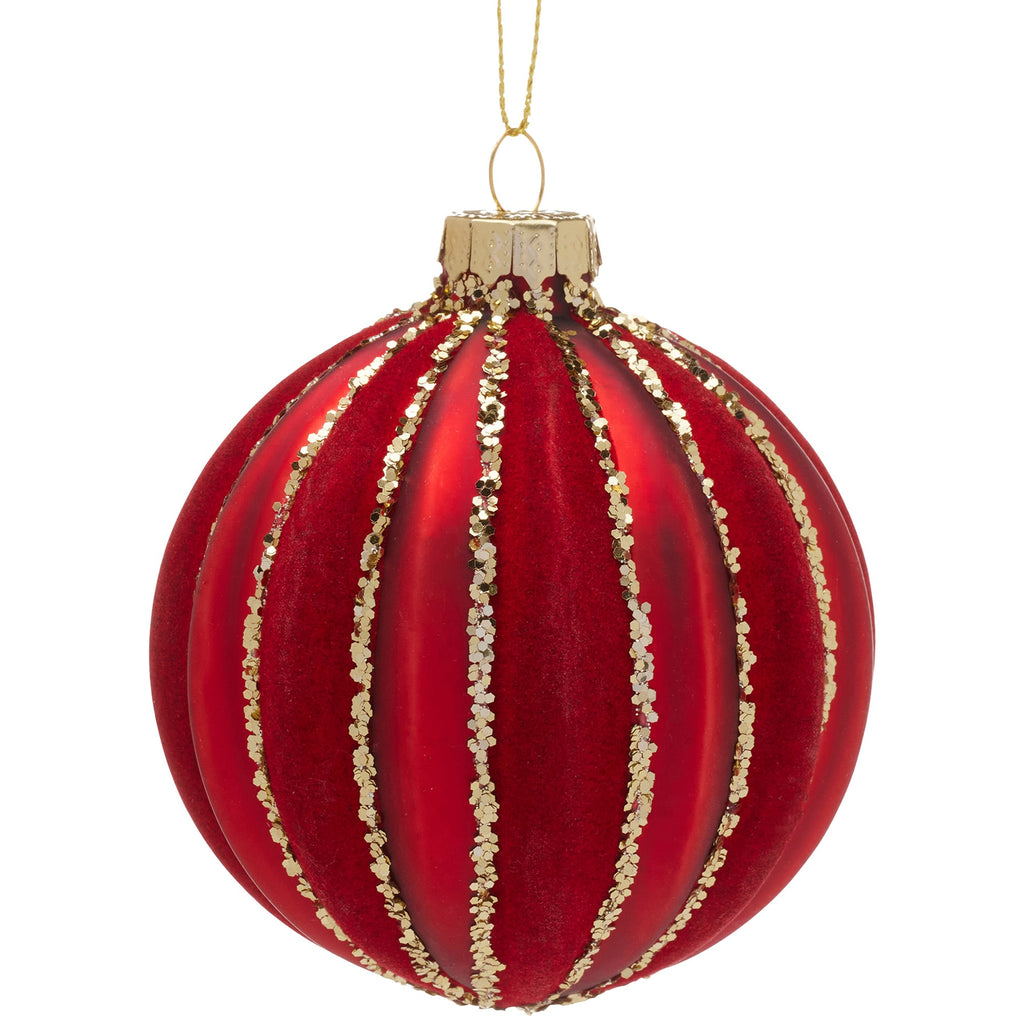 Christabelle Box of 6 Rich Red Glass Baubles with Gold Sparkle Stripes