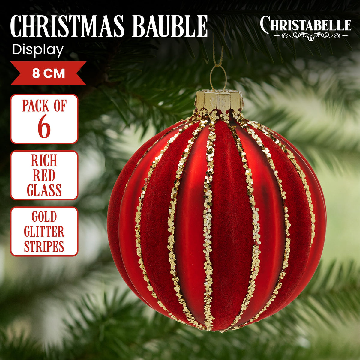 Christabelle Box of 6 Rich Red Glass Baubles with Gold Sparkle Stripes