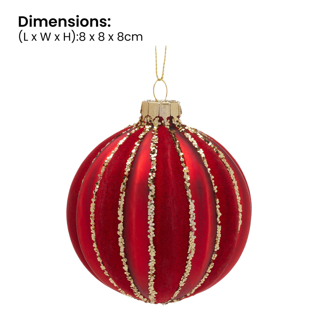 Christabelle Box of 6 Rich Red Glass Baubles with Gold Glitter Stripes