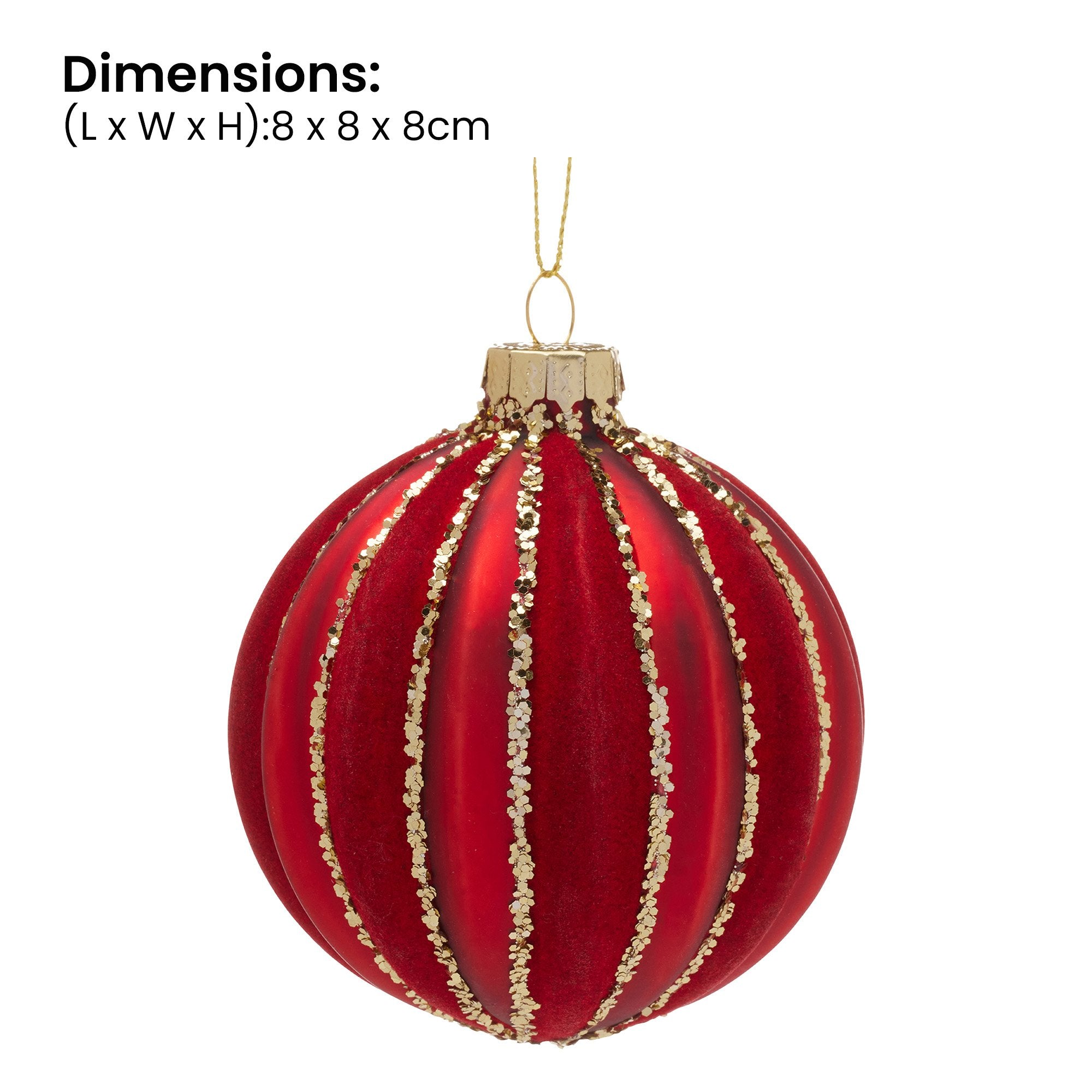 Christabelle Box of 6 Rich Red Glass Baubles with Gold Glitter Stripes