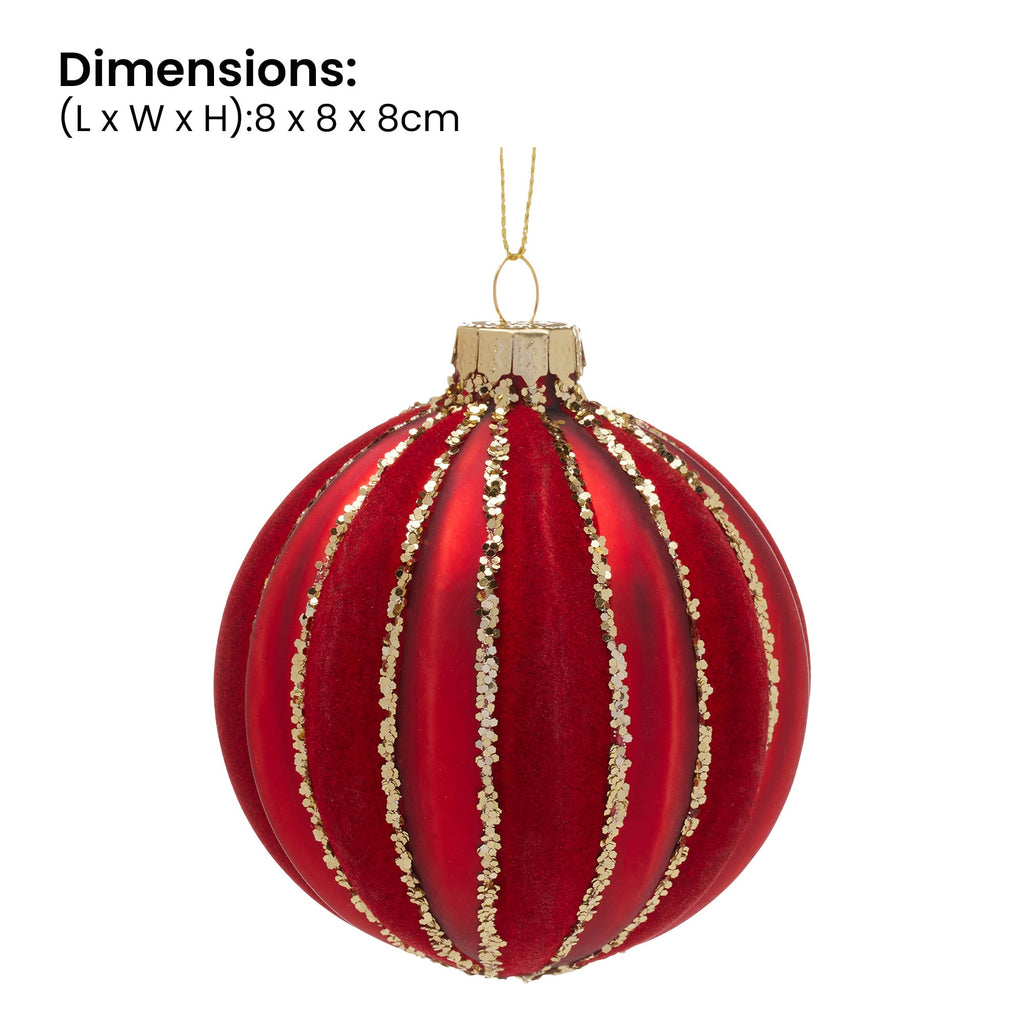 Christabelle Box of 6 Rich Red Glass Baubles with Gold Sparkle Stripes