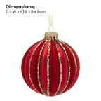 Christabelle Box of 6 Rich Red Glass Baubles with Gold Sparkle Stripes