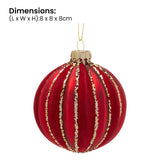 Christabelle Box of 6 Rich Red Glass Baubles with Gold Glitter Stripes
