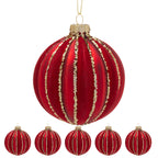 Christabelle Box of 6 Rich Red Glass Baubles with Gold Glitter Stripes