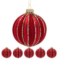Christabelle Box of 6 Rich Red Glass Baubles with Gold Sparkle Stripes