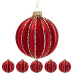 Christabelle Box of 6 Rich Red Glass Baubles with Gold Sparkle Stripes