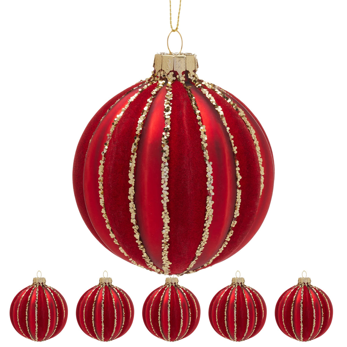 Christabelle Box of 6 Rich Red Glass Baubles with Gold Sparkle Stripes