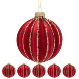 Christabelle Box of 6 Rich Red Glass Baubles with Gold Glitter Stripes