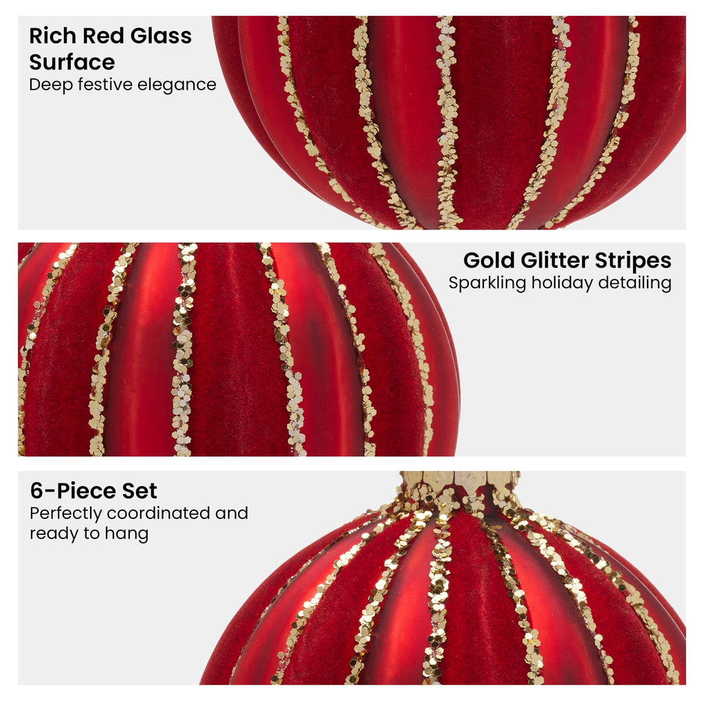 Christabelle Box of 6 Rich Red Glass Baubles with Gold Sparkle Stripes