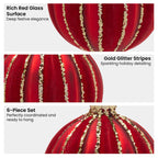 Christabelle Box of 6 Rich Red Glass Baubles with Gold Sparkle Stripes