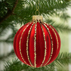 Christabelle Box of 6 Rich Red Glass Baubles with Gold Sparkle Stripes