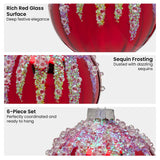 Christabelle Box of 6 Rich Red Glass Baubles with Sequin Frosting