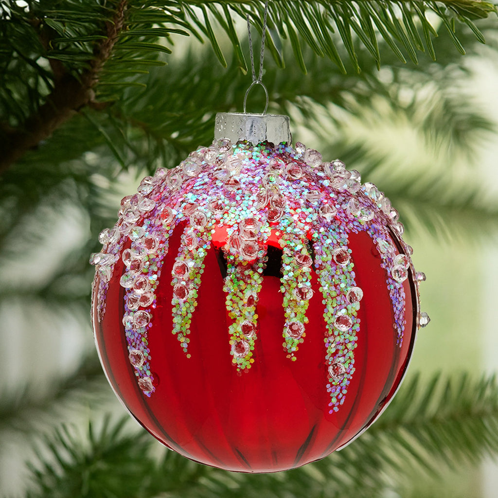 Christabelle Box of 6 Rich Red Glass Baubles with Sequin Frosting