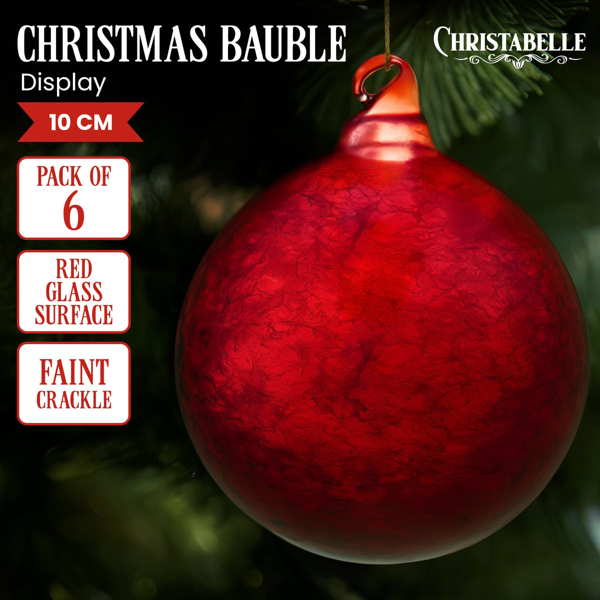 Christabelle Large Red Glass Baubles 6 Pcs with Faint Crackle Pattern Balls Christmas Tree Decoration Ornament