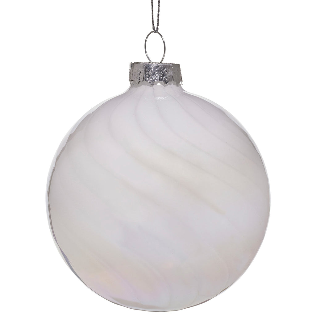 Christabelle Box of 6 White Glass Baubles with Stripe & Faint Iridescence