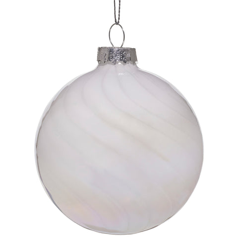 Christabelle Box of 6 White Glass Baubles with Stripe & Faint Iridescence