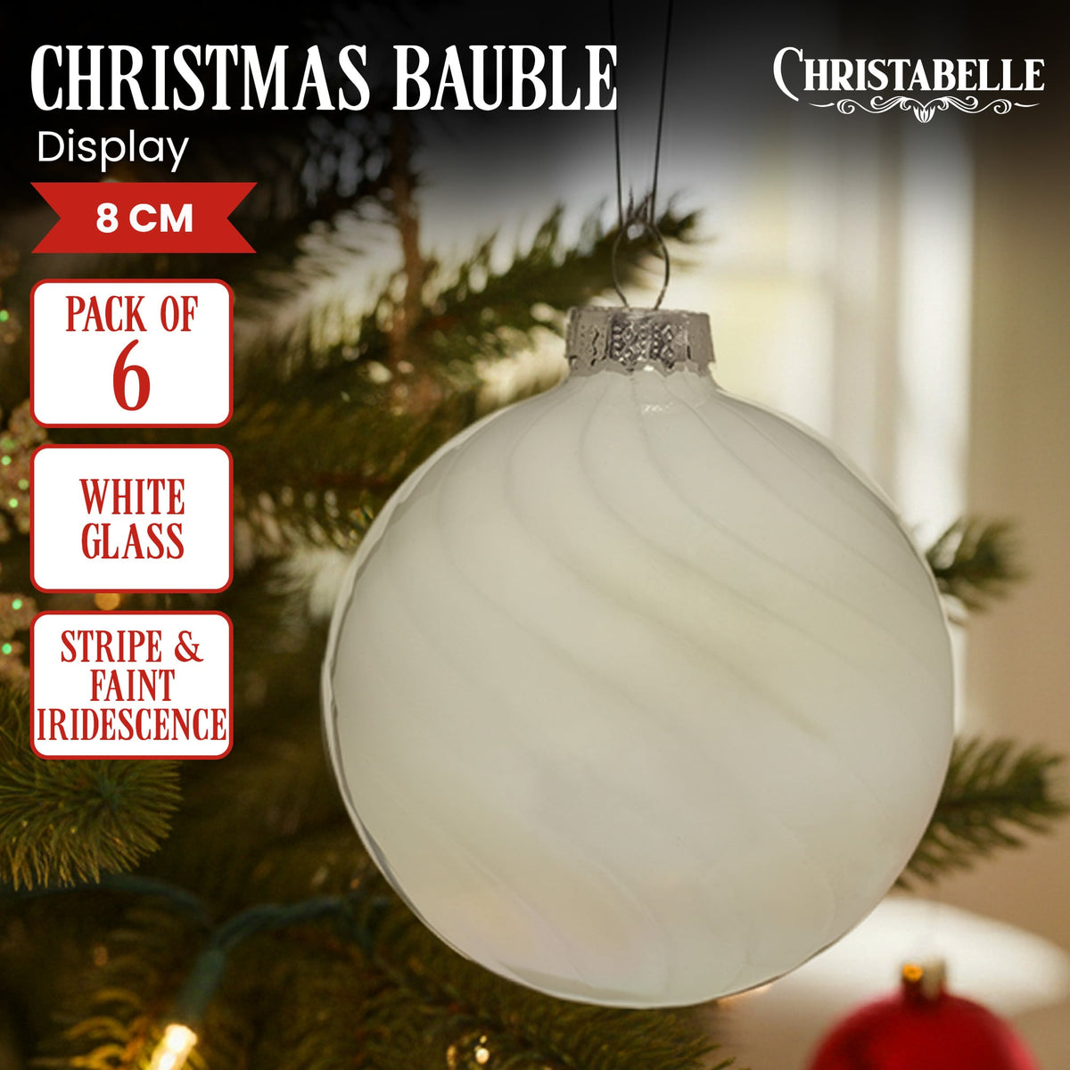 Christabelle Box of 6 White Glass Baubles with Stripe & Faint Iridescence