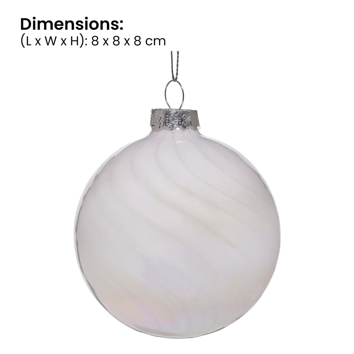 Christabelle Box of 6 White Glass Baubles with Stripe & Faint Iridescence