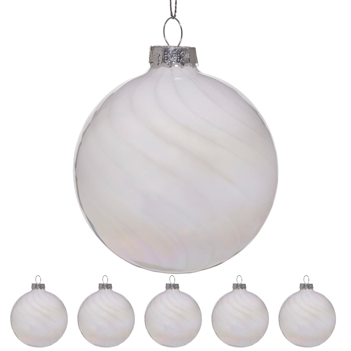 Christabelle Box of 6 White Glass Baubles with Stripe & Faint Iridescence