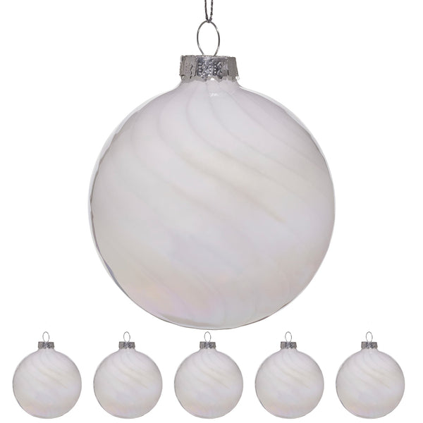 Christabelle Box of 6 White Glass Baubles with Stripe & Faint Iridescence