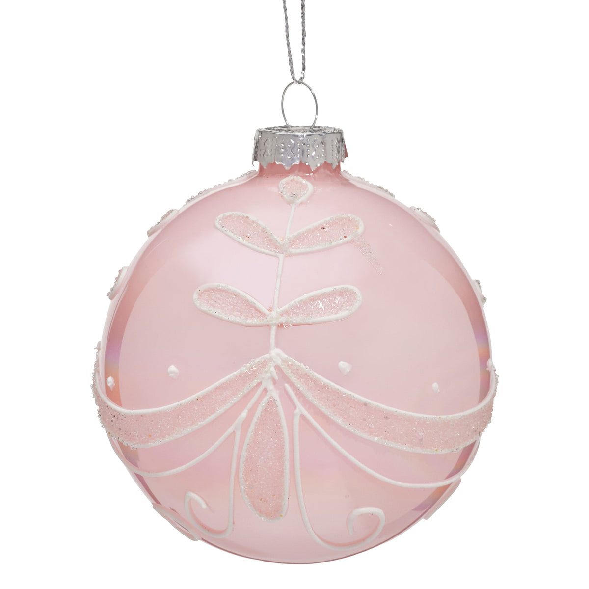 Christabelle Box of 6 Pink Glass Baubles with Sparkle Floral Pattern